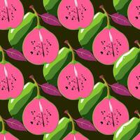 Bright seamless pattern with guava plants on dark green background vector