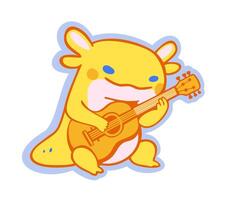 Cute axolotl playing guitar. isolated sticker. Kawaii style vector