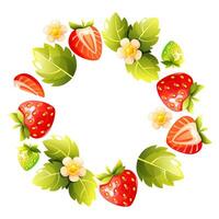 A illustration of a round frame made of strawberries, green leaves, and flowers. The berries are whole and halved. The background is white, with space for text in the center. vector