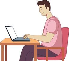Man working on laptop at desk illustration a man sitting at a table with a laptop vector