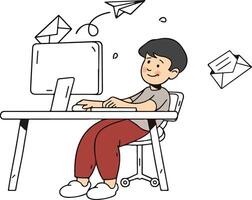 a cartoon illustration boy sitting at a desk with a computer and paper airplanes flying around him and Envelopes vector
