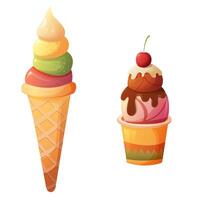 Ice cream in a waffle cone with summer flavors and ice cream in a cup vector