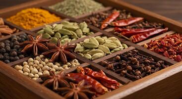 A wooden box filled with various spices photo