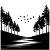 Silhouette of pine trees river and birds in flight vector
