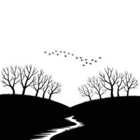 Silhouette landscape with bare trees and birds in flight vector
