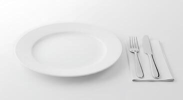 Empty plate, fork and knife on white background photo