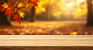 Empty wooden table top over autumn background photo