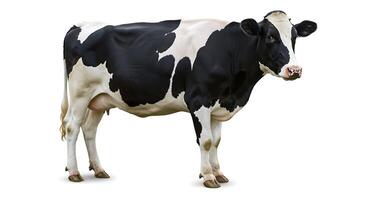 A black and white cow standing in front of a white background photo