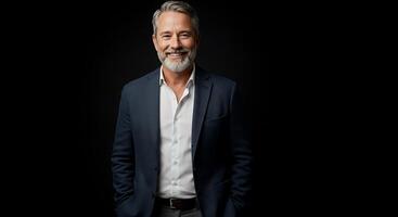A man with a beard and a suit is standing photo