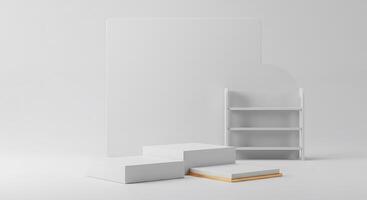 White bookshelf with empty shelves and a blank wall photo