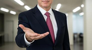 A man in a suit is holding out his hand photo