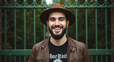 A man with a beard and hat smiling in front of a fence photo