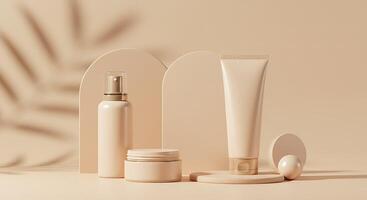A cream bottle, cream, and a tube of cream on a beige background photo