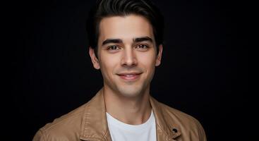 A young man in a tan jacket smiling photo