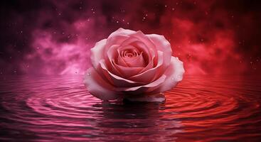 A rose is floating in water with red and pink lights photo