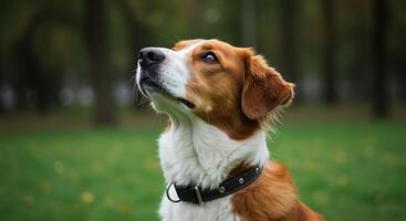 A dog is looking up at something in the grass photo
