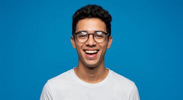A man with glasses and a white t - shirt smiling photo