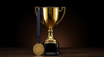 Gold trophy with blue ribbon on wooden table photo