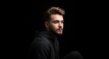 A man with a beard and a hoodie sitting down photo