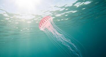 A jellyfish floats in the ocean with sunlight shining on it photo