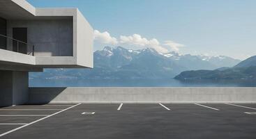 A parking lot with a building in the background photo