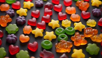 Top Down View of Colorful Jelly Candies Arranged in Geometric Grid on White Marble Surface GT photo