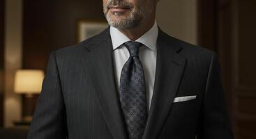 A man in a suit and tie standing in a hotel room photo