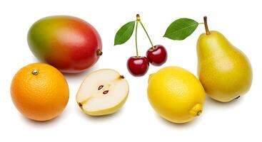 Various fruits are shown on a white background photo
