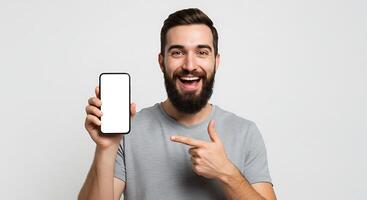 A man with a beard and a beard is holding up a phone with a blank screen photo