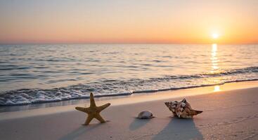 A starfish and shell on the beach at sunset photo