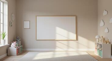 A blank white board in a room with a toy shelf photo