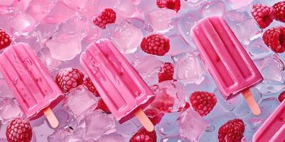 horizontal summer banner, bright red raspberry ice cream on a stick, fresh raspberries, ice cubes, delicate pink pastel shades, poster for an ice cream shop photo