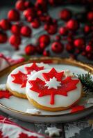 Victoria Day in Canada, round shortbread cookies decorated with white icing and red maple leaf, flag of Canada, atmospheric background, vertical banner photo