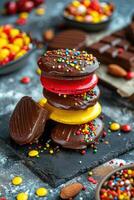 a stack of chocolate round cookies decorated with red and yellow icing and sprinkles, National Day of Belgium, vertical banner photo