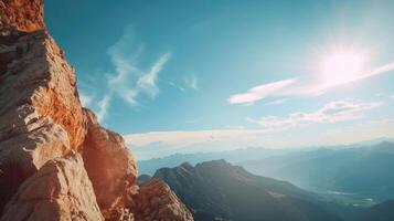 Aerial view of high mountain stone cliff and peaks, Cloudless blue sky, bright sunny day, horizontal banner, copy space, free space for text photo