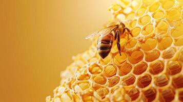 Close-up of a honey bee on a honeycomb, yellow background, horizontal banner, copy space, free space for text photo