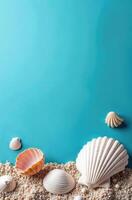 vertical summer banner, shells on the sand, minimalism, blue sea background, copy space, free space for text photo