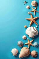 vertical summer banner, scattering of seashells and stars, minimalism, blue background, copy space, free space for text photo