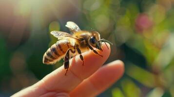 A close-up of a honey bee resting on a human finger. The bee has a golden-brown body with black stripes. The background features blurred green foliage and soft sunlight photo