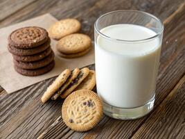 Milk And Cookies On Wooden Table photo