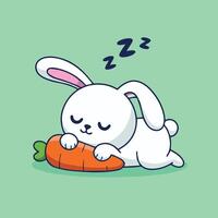 Cute minimalist cartoon of a white bunny with pink ears sleeping on an orange carrot. Set on mint green background with navy Z symbols, clean lines, and soft colors. vector