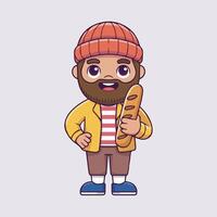 Cute minimalist French baker wearing a red-orange striped beanie and yellow jacket, holding a baguette with a cheerful expression, set against a light gray background. vector