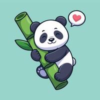 Cute cartoon baby panda hugging a glossy green bamboo stalk on a mint green background Kawaii style with clean lines, minimal shading, and a heart speech bubble vector