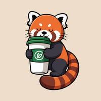 Adorable kawaii-style red panda hugging a white coffee cup with green lid and stripe on a beige background Features orange fur, striped tail, and cozy, content expression vector