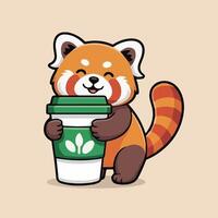 Adorable kawaii-style red panda hugging a white coffee cup with green lid and stripe on a beige background. Features orange fur, striped tail, and cozy, content expression. vector