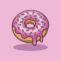 Cute digital illustration of a melting donut with pink glaze and colorful sprinkles on a soft pink background. Minimalist style with smooth gradients and pastel tones. vector