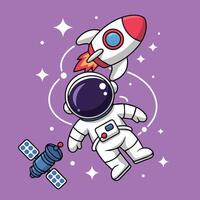 Cute cartoon of a floating astronaut in white suit with rocket on head and blue satellite nearby, set in sparkling purple space. Minimalist, kid-friendly style. vector