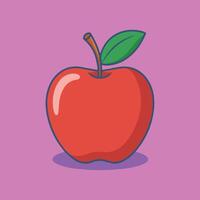 Glossy red apple with green leaf and orange stem on a pink background. Minimalist style with blue outline and soft shadow. Perfect for icons, prints, decor. vector