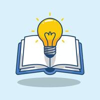 A cartoon open book with a glowing yellow bulb rising from its pages. Blue outlines, light blue background, sparkles, and clean minimalist style. Great for education themes. vector