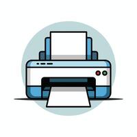 Minimalist flat design illustration of a white and blue printer with paper, buttons, and shadow, centered on a light blue circular background Clean, modern graphic vector